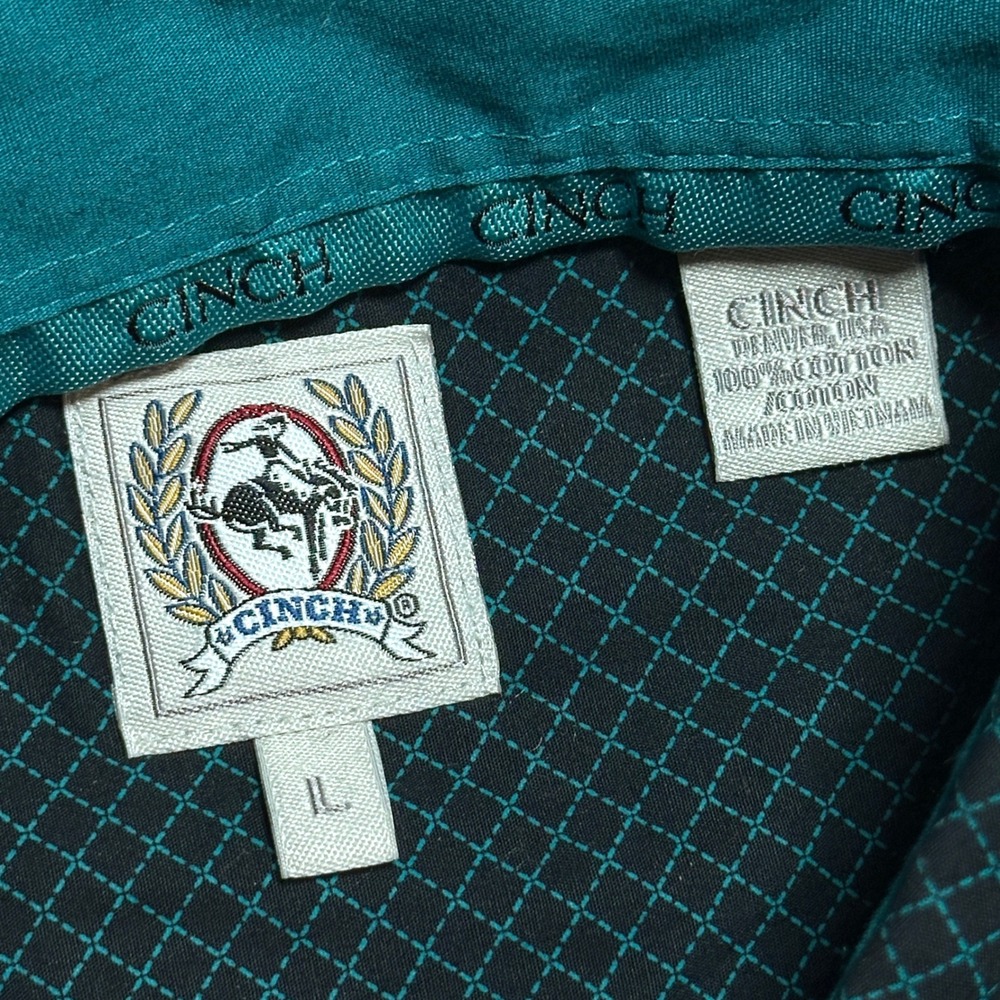 Cinch Button Up Shirt Mens Large Western Geometric Diamond Print Teal Black - Picture 4 of 11